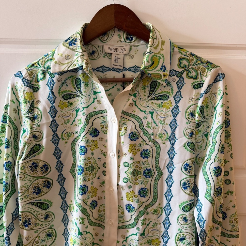 Rachel Zoe Green Paisley Button Down Shirt Scarf Print XS Boho Coastal Y2K‎ - Picture 3 of 10